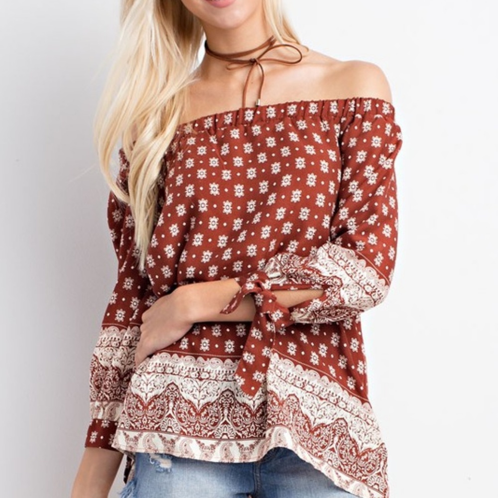New Off the Shoulder Top Tie Sleeves Boho - Picture 3 of 5